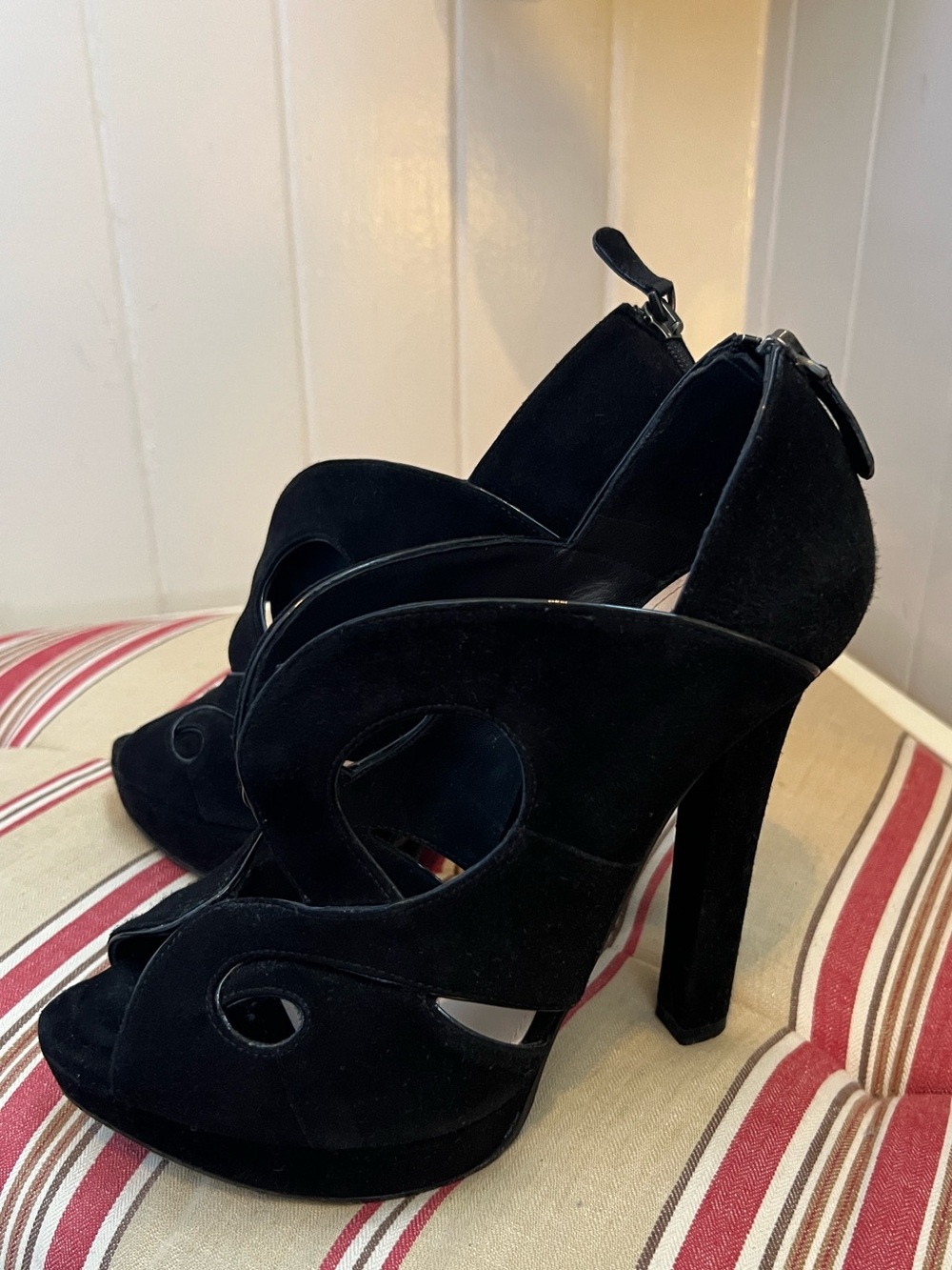 Bottega Veneta Black Suede Cut-Out Platform Peep Toe Heels Sz 36.5 EU